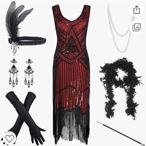 Women’s Vintage 1920’s Sequin Beaded Tassel Hem Flapper Dress with Accessories